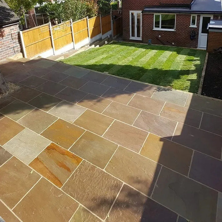 Raj green Indian sandstone paving slabs 900 x 600