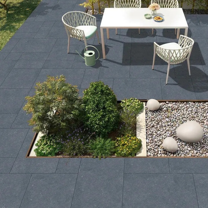 Dark grey outdoor porcelain paving slabs